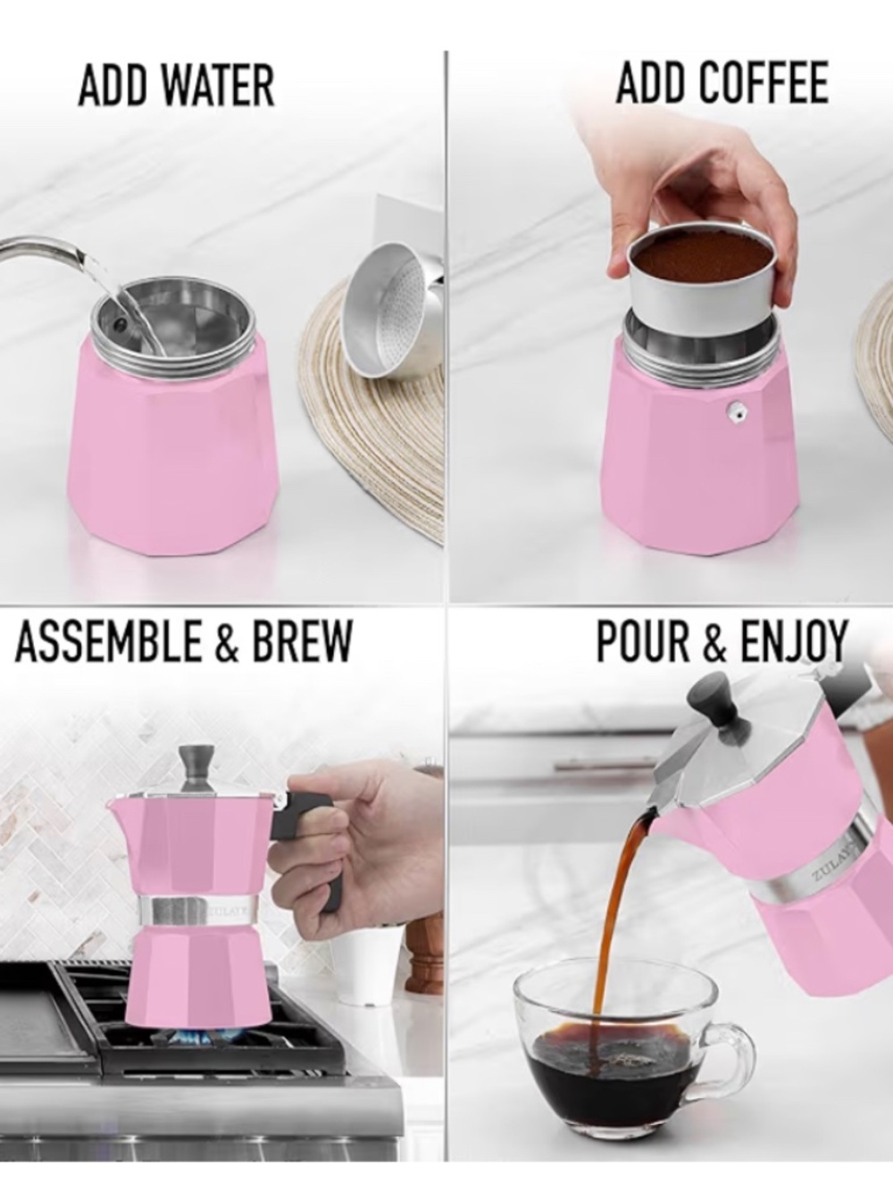 Zulay Kitchen Pink Moka Pot Espresso Maker - 300ml (6-Cup
